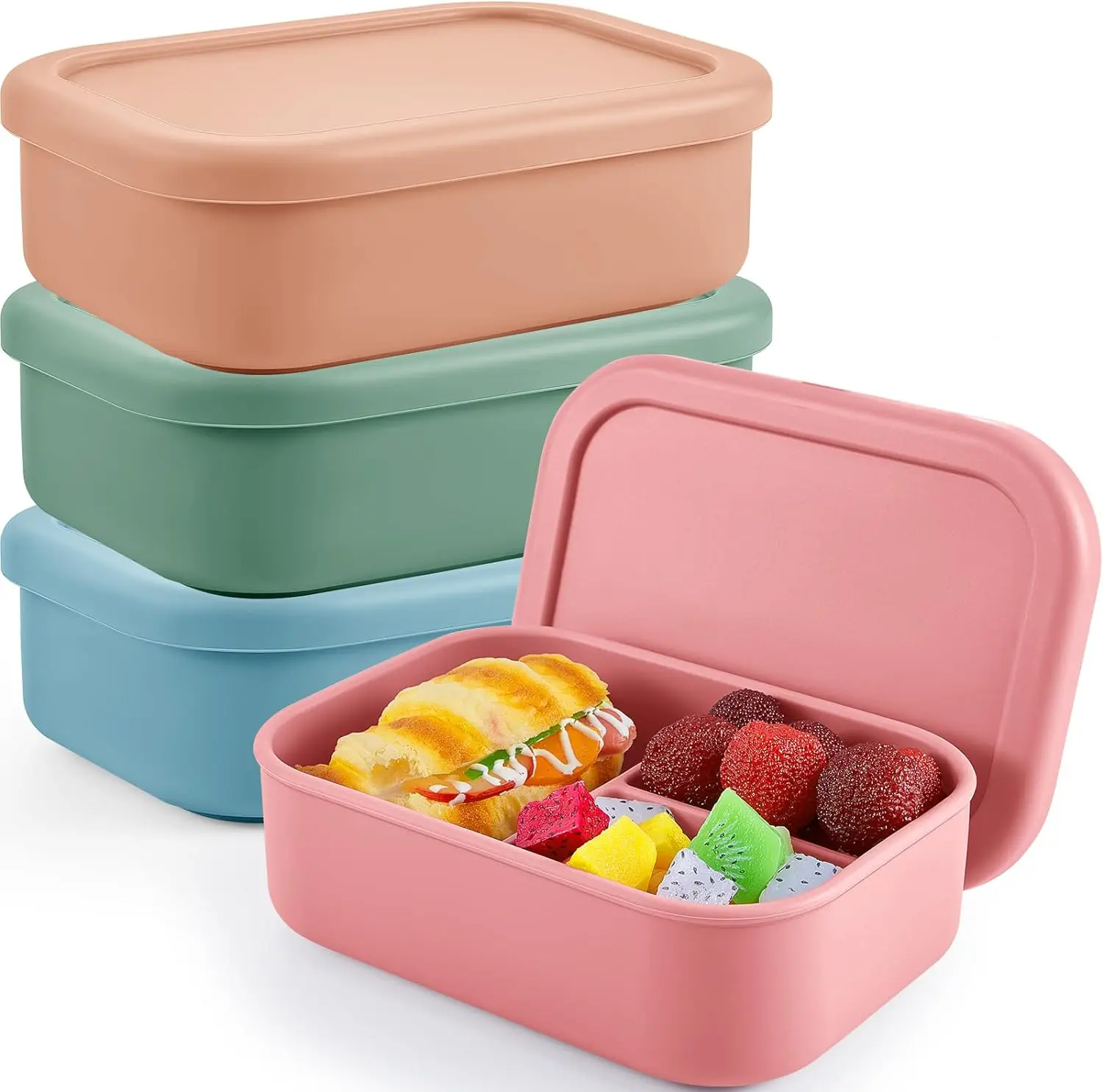 Food Grade Silicone 3-Grid Square Meal Box Convenient Fruit Snack carry High-Temperature Resistant Sealed Bento With cover