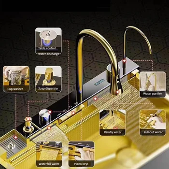 หรูหราGolden Whaleขนาดใหญ่อ่างล้างจานน้ําตกอัจฉริยะดิจิตอลจอแสดงผลสแตนเลสรังผึ้งนูน 2