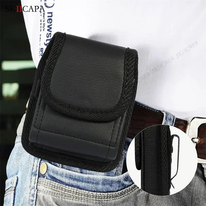 Leather Phone Pouch with Belt Clip Holster & Oxford Cloth Accents