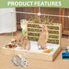 4 in 1 Rabbit Hay Feeder with Litter Box Small Animals Hay Rack with Water Bottle and 2 Bowls Wooden Bunny Hay Holder Feeder To