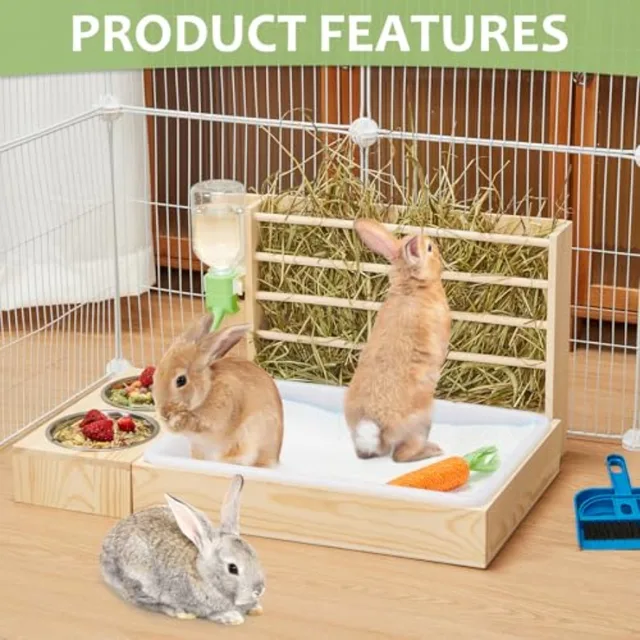 4 in 1 Rabbit Hay Feeder with Litter Box Small Animals Hay Rack with Water Bottle and 2 Bowls Wooden Bunny Hay Holder Feeder To