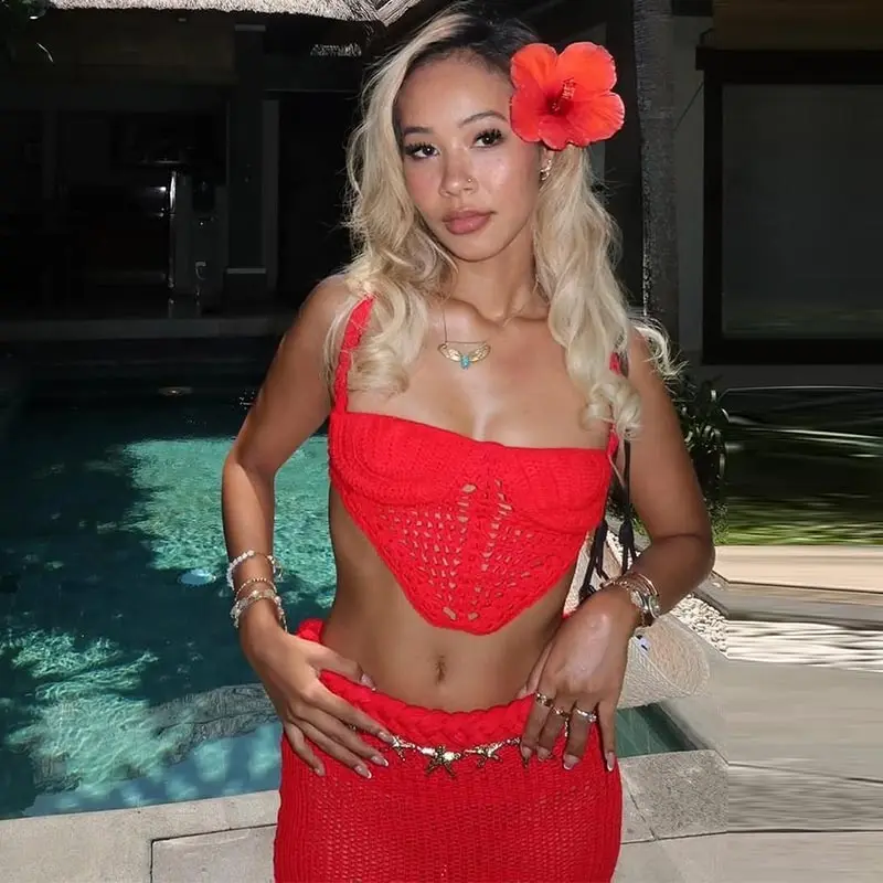 Sexy Bikini Long Skirt Set Women Sleeveless Backless Sling Vest Low Waist Hip Package Skirt 2025 Lady Holiday Beachwear Cover Up
