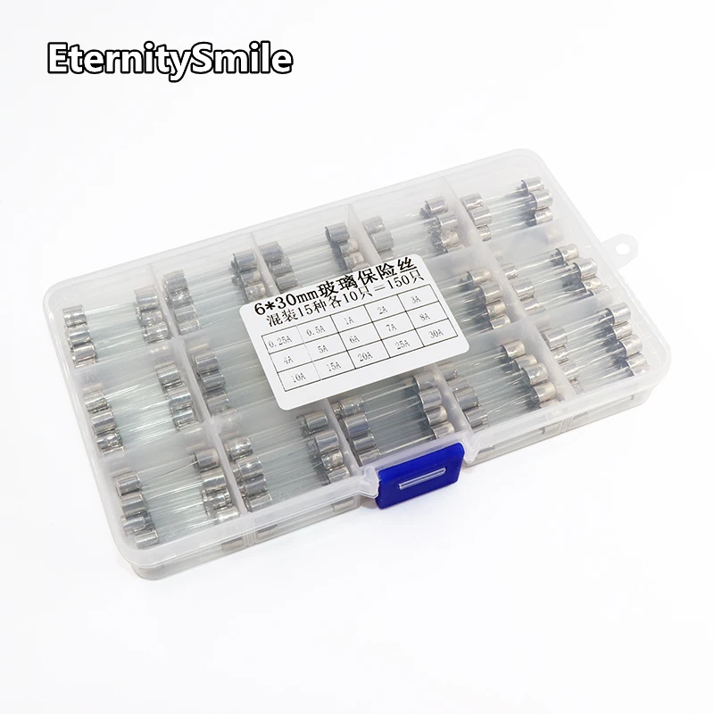 15Kinds 150pcs 6*30 Fast-blow Glass Tube Fuses Car Glass Tube Fuses Assorted Kit 6X30 with Box fusiveis 0.1A-30A Household Fuses