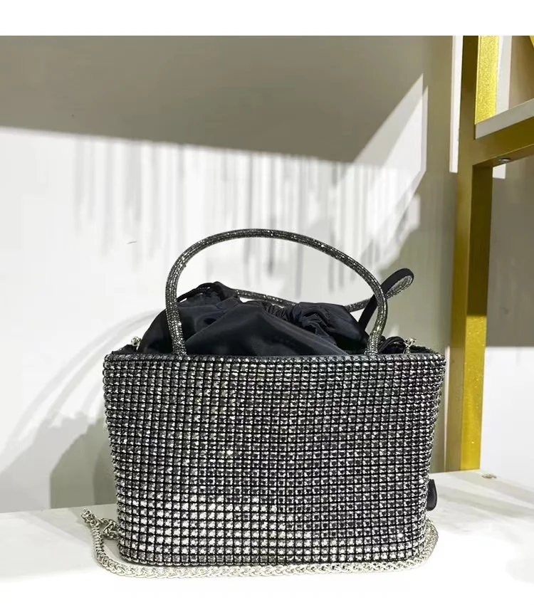 Luxury Designer Rhinestone Diamond Shiny Bucket Bag Women's Handbag Evening Bag Bling Clutch Purse Shoulder Messenger Chain Bag