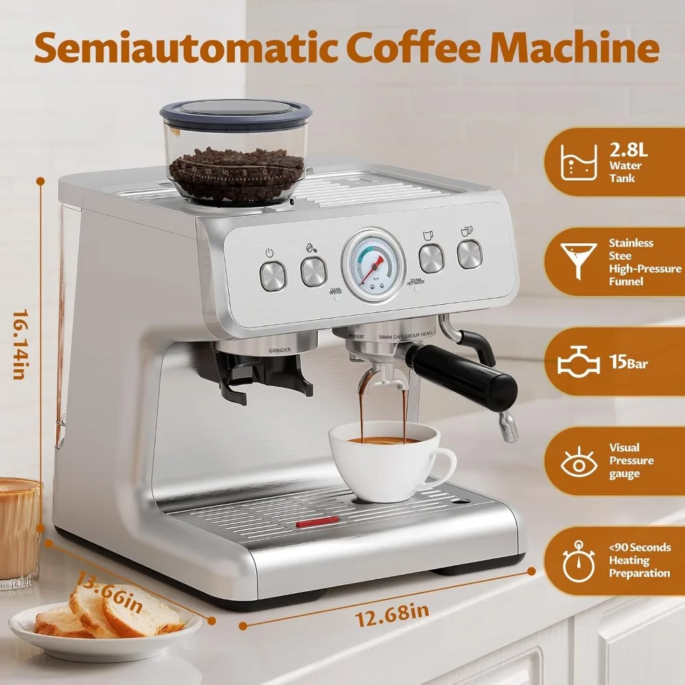 Espresso Machine 15 Bar, Coffee Maker for Cappuccino and Latte Maker with Milk Frother Steam Wand, Fast Heating Coffee Machine 5