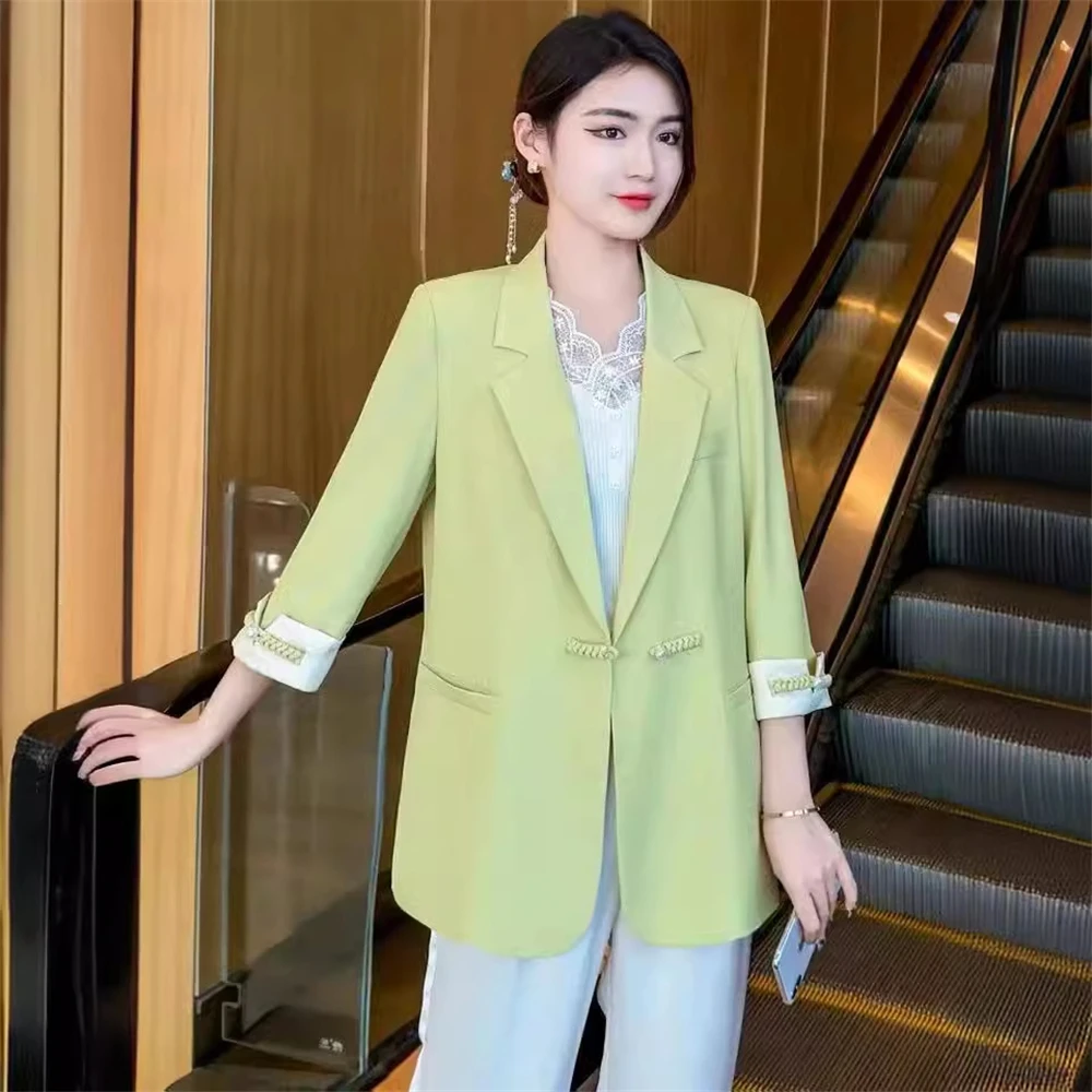 High-end National Style Suit Coat Women Spring Summer Temperament All-match Blazer Jacket Lady Chinese Retro Buckle Tops Outwear