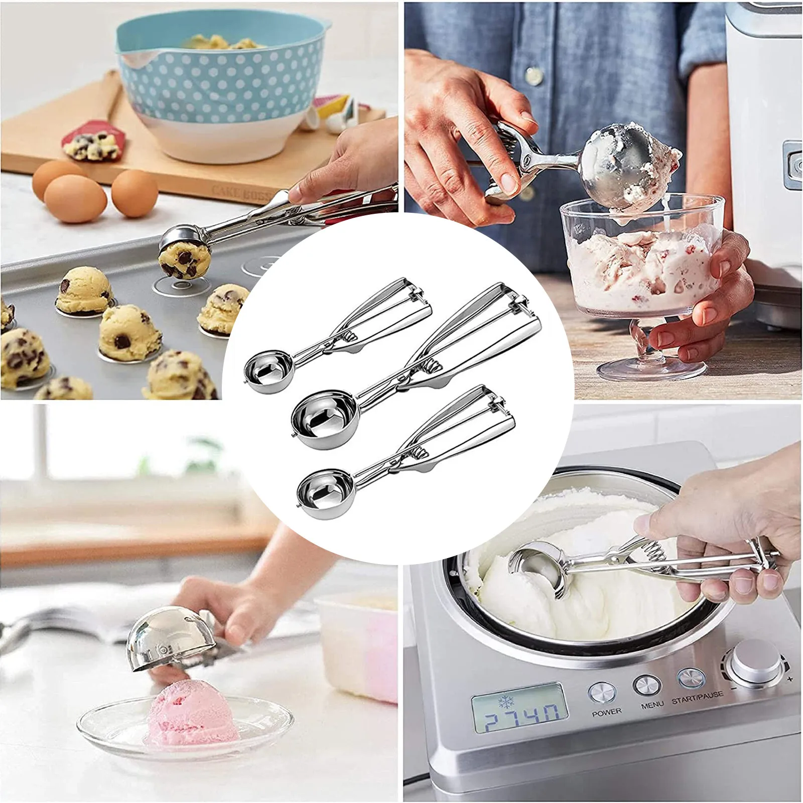 Ice Cream Scoop Stainless Steel Ice Cream Scoop Tool Cookie Spoon 3 Size Watermelon Ball Handle Mash Potato Tools Home Kitchen Accessories 3PCS