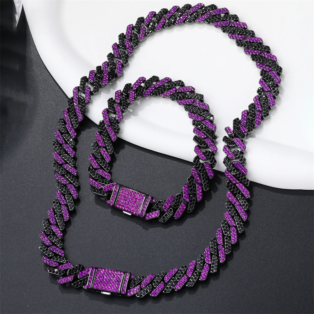 【BLACKPURPLE】Square Crystal Cuban Chain Necklace Woman New 5A Purple CZ Stone 14mm Cuban Link Chains Black Plated