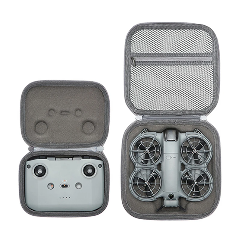 Étui de rangement antichoc pour DJI Neo 2 Fly More, compartiments moulés pour drone, télécommande et batteries.