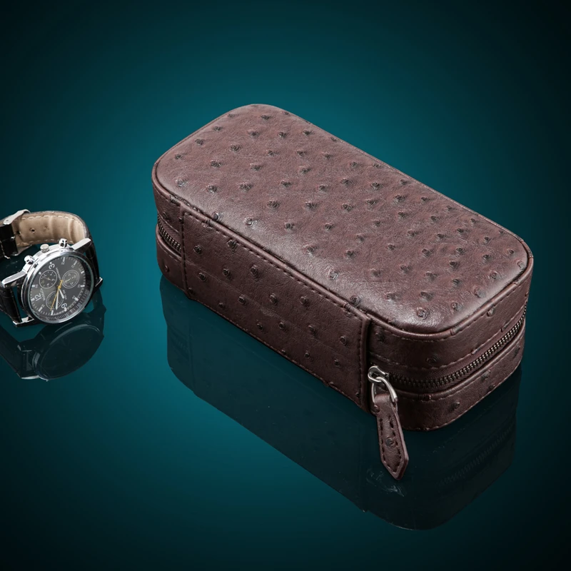 2 Slots Leather Watch Box Organizer Brown
