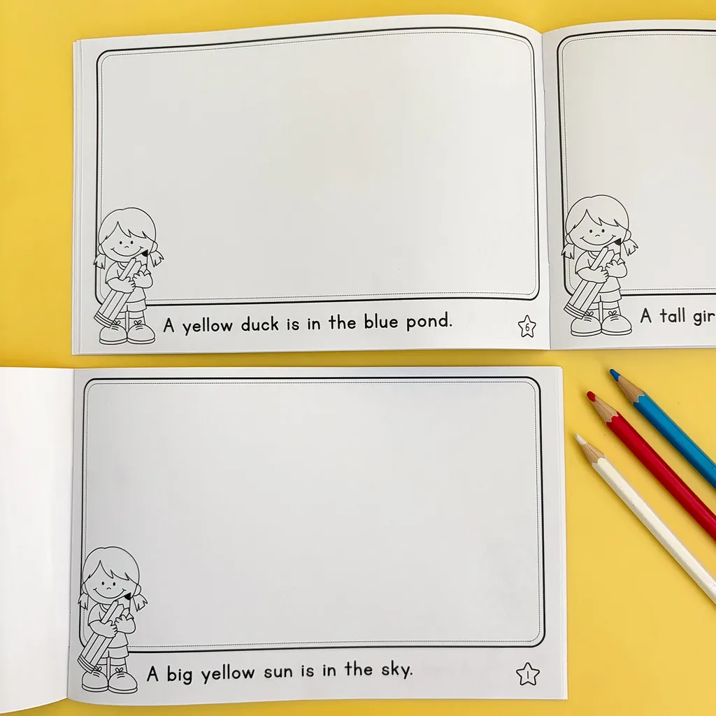 Quaderno di Lettura e Disegno da 32 Pagine per Bambini, Esercizi di Struttura e Sequenziazione di Frasi Corte, Libro Interattivo da Colorare - immagine 6