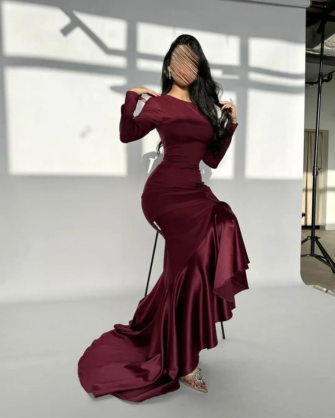 fitted lace wedding dress Burgundy Trumpet Mermaid Occasion Long Sleeve Prom Dress main image 0