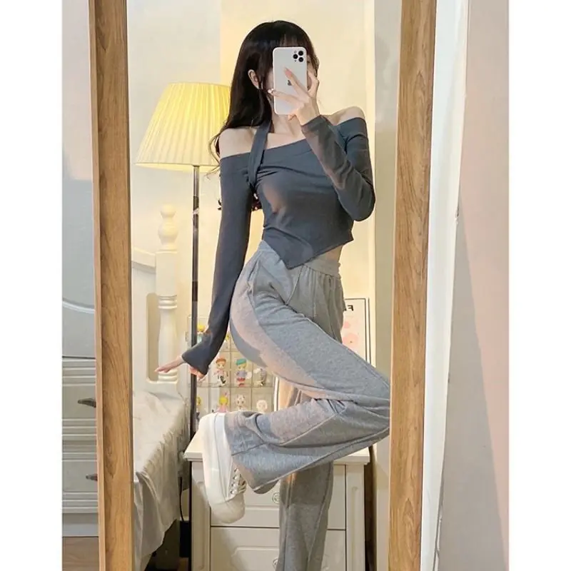 

Suit Women's New Irregular Short One-shoulder Halter Neck T-shirt Top + Wide-leg Pants Casual Long Pants