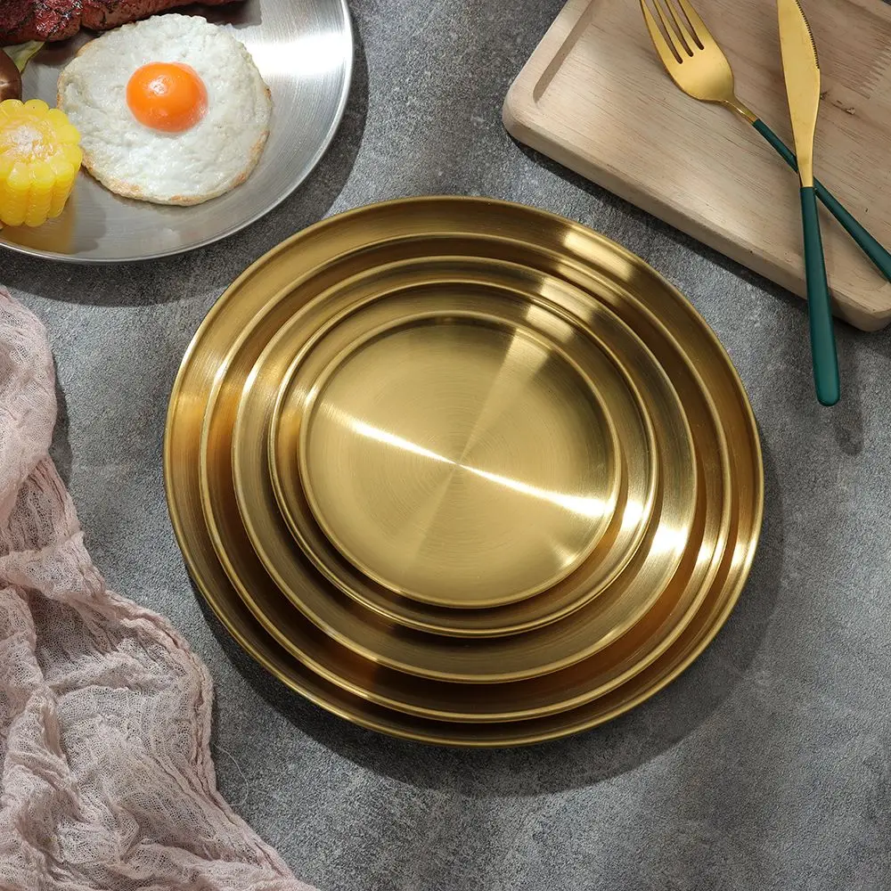 Stainless Steel Bone Spitting Dish 14/17/20/23/26CM Gold Silver Shallow Tray Metal Dining Disc Round Plate Dessert Tableware dining dish