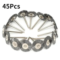 Roue de dérouillage métallique, 45 pièces, tige de roue en acier, roue plate en fil de cuivre, brosse de polissage de type T pour outils rotatifs Dremel 