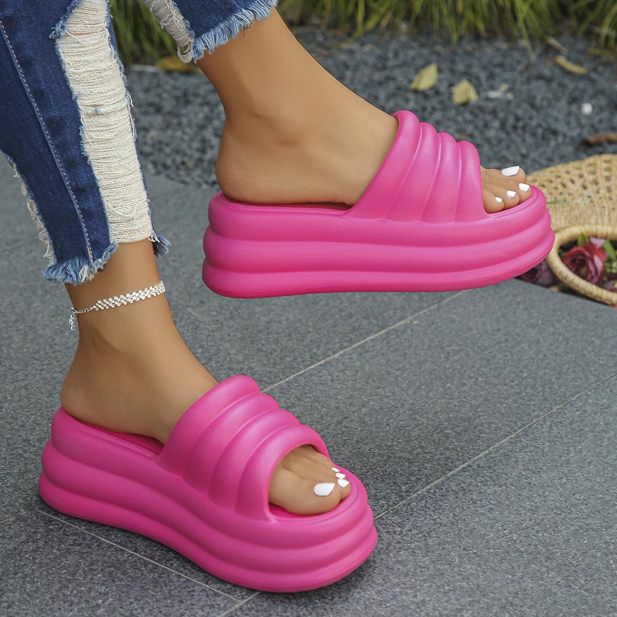 Pink Chunky Platform Women Sandals Summer Thick Bottom Eva Wedge Slippers Non Slip Beach Slides Shoes Wedge Sandals Comfortable Sandals