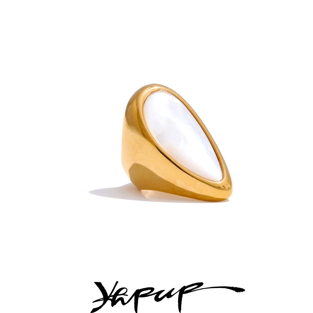 Yhpup Stainless Steel Shell Water Drop Golden Ring for Women