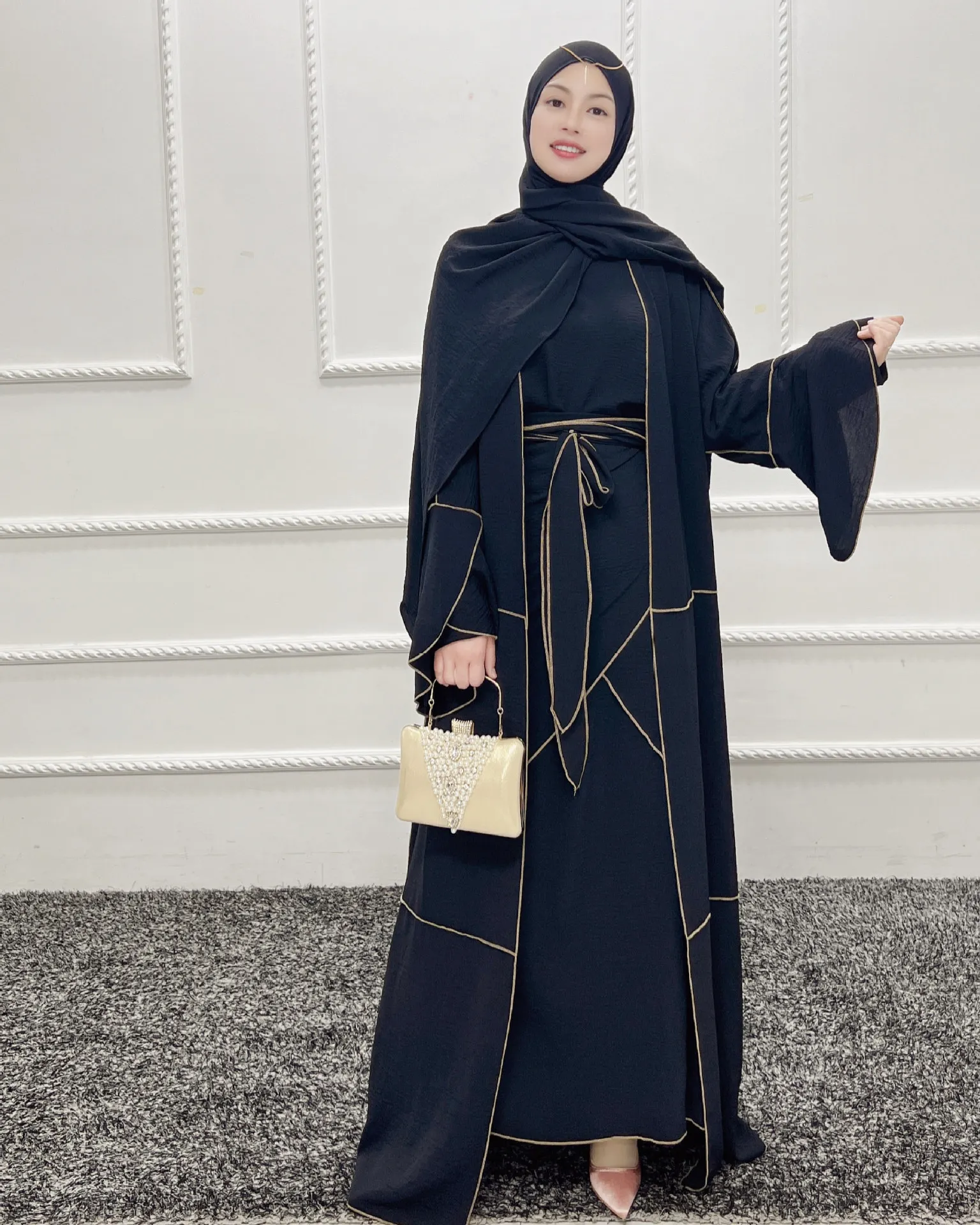 3 Piece Abaya Set Matching Muslim Suit Crepe Open Abayas for Women Dubai Turkey Hijab Dress Wrap Skirt African Islamic Clothing