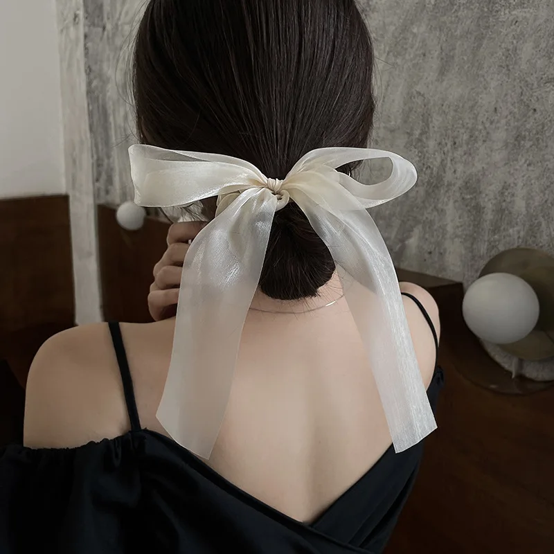 2022 New Black White Yarn Bow Hair Ribbon Scrunchie for Women Girls Long Elastic Hair Tie Headwear Female Hair Accessories