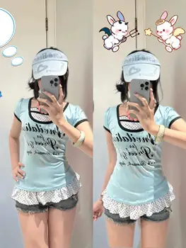 Y2K Millennium Hot Girl Letter Print Slim ort Sve Vintage Polka Dot Splice Lace Hem Top Fake Two-Piece T-irt 1