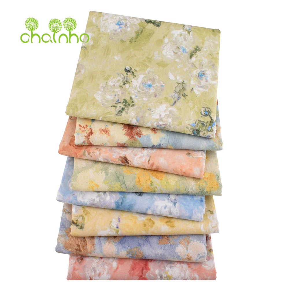 Chainho,Printed Plain Weave Poplin Cotton Fabric,DIY Quilting Sewing Material,Patchwork Cloth,Floral Series,2 Sizes,15PC217