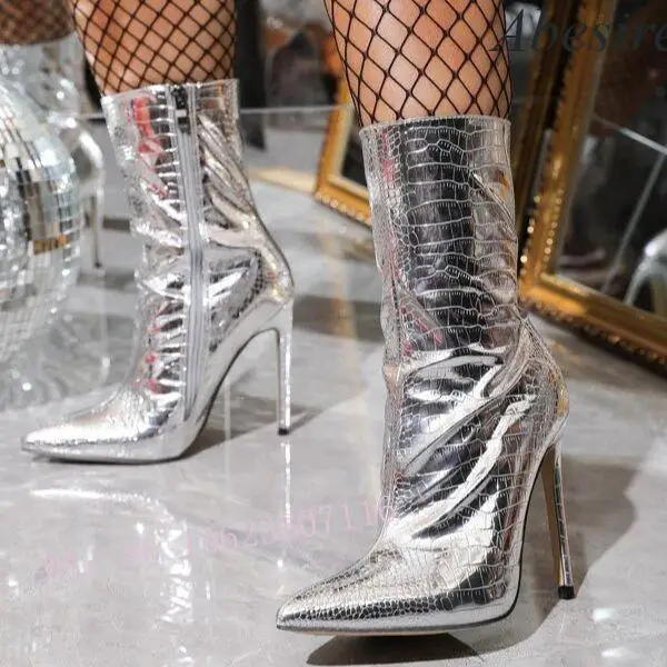 

2023 New Fashion Sexy Slip-On Women's Boots Slimming Eye-Catching Texture Metal Side Zipper Mid-Calf Boots Short Boots