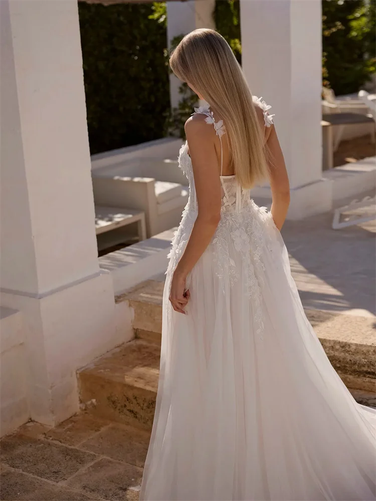 Customized Thin Straps Sweetheart Neckline With Appliques Organza A-Line Wedding Dress Zipper Back Floor Length High Slit Gown