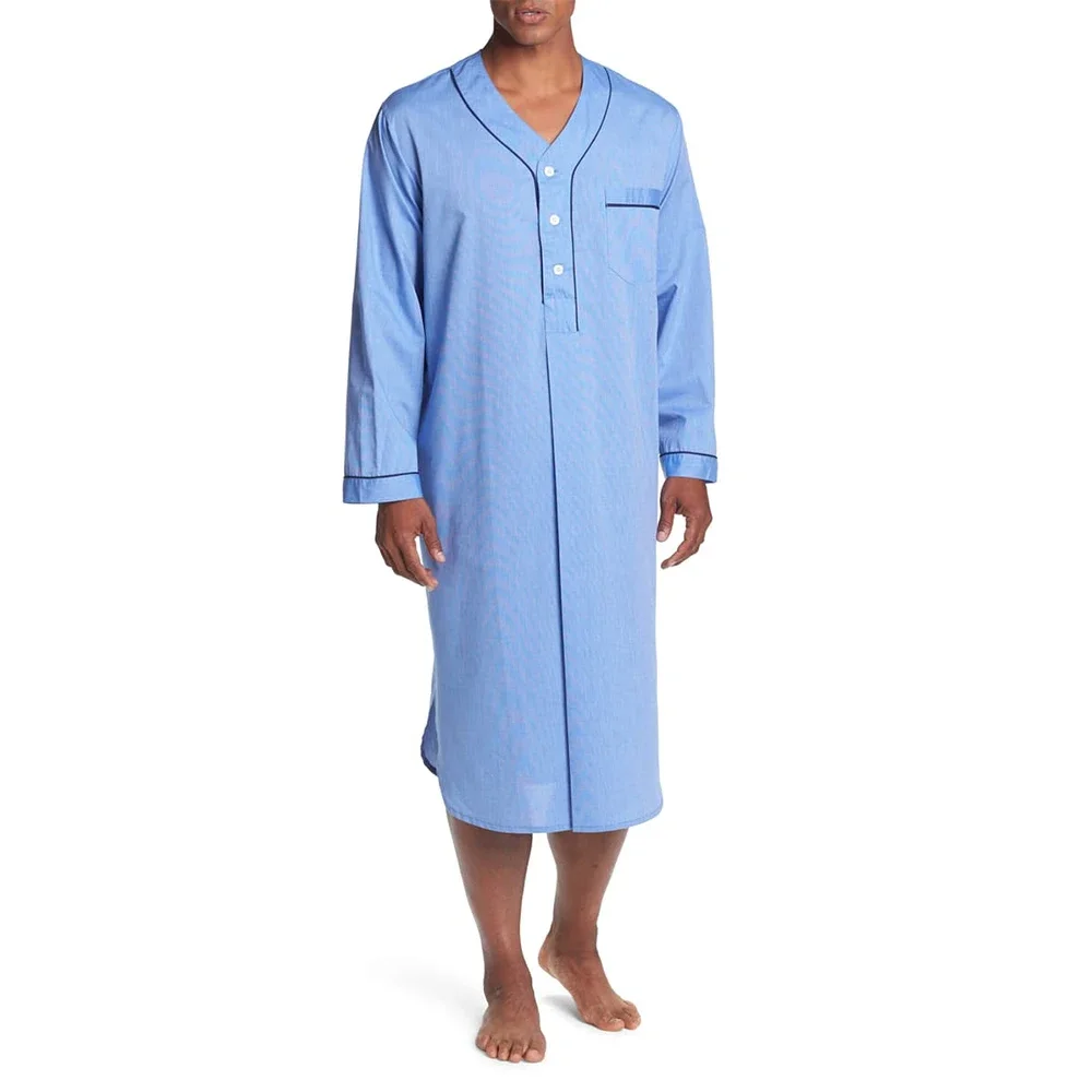 

Night Sleeve Neck Men New Top Loose Long Homewear Sleepwear Nightgown Solid Autumn Comfy Casual Soft Robe V Pajamas Cotton