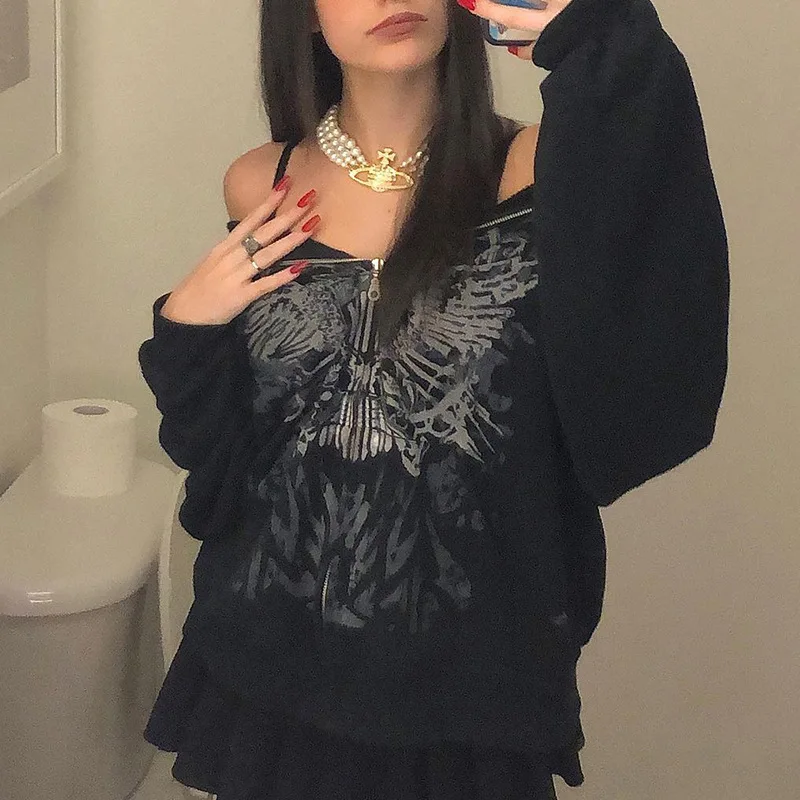 Description Picture 6 of itemGoth Butterfly Print Retro Sweatshirts E-girl Gothic Dark Academia Emo Jackets Coats 2000s Vintage Y2K Grunge Zip Up Hooides