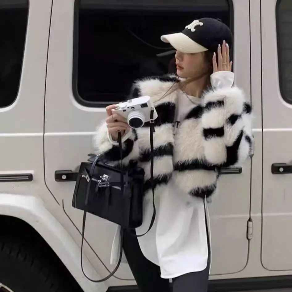 HIGH QUALITY Winter Zebra Striped V neck Short Faux Fur Coat Long Sleeve Warm Shaggy Jacket Loose Outwear