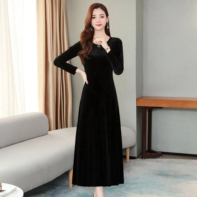 2023 Spring, Autumn, and Winter New Gold Velvet Dress Women Mid length Slim Fit Temperament Long Sleeve Autumn Dress Long Dress