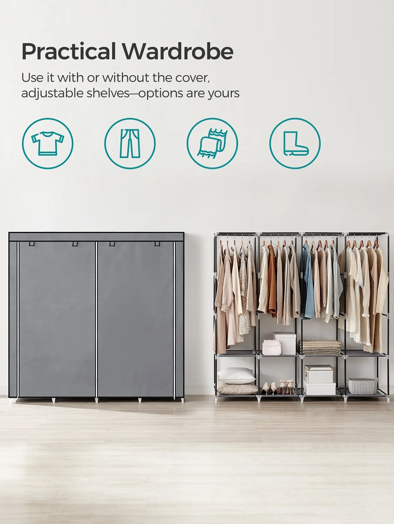 SONGMICS Portable Closet, Wardrobe Closet Organizer with Cover, 4 Hanging Rods and Shelves, 4 Side Pockets 3