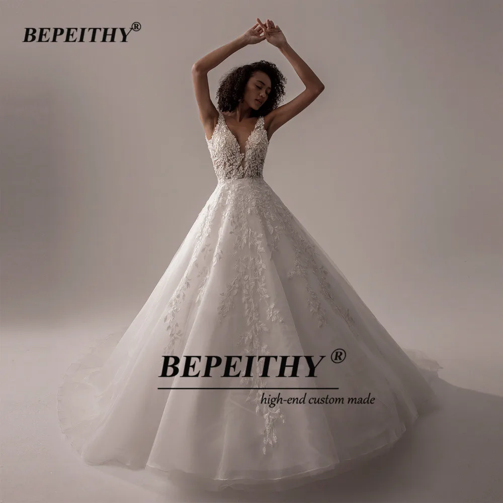 BEPEITHY Customized Vestido De Noiva V Neck Sleeveless Wedding Dresses 2025 For Women A Line Ivory Lace Bride Boho Bridal Gown 5