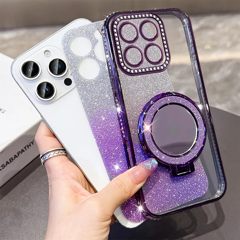 Glitter Plating Silicone Phone Case with Magnetic Bracket & Lens Protector - Pink