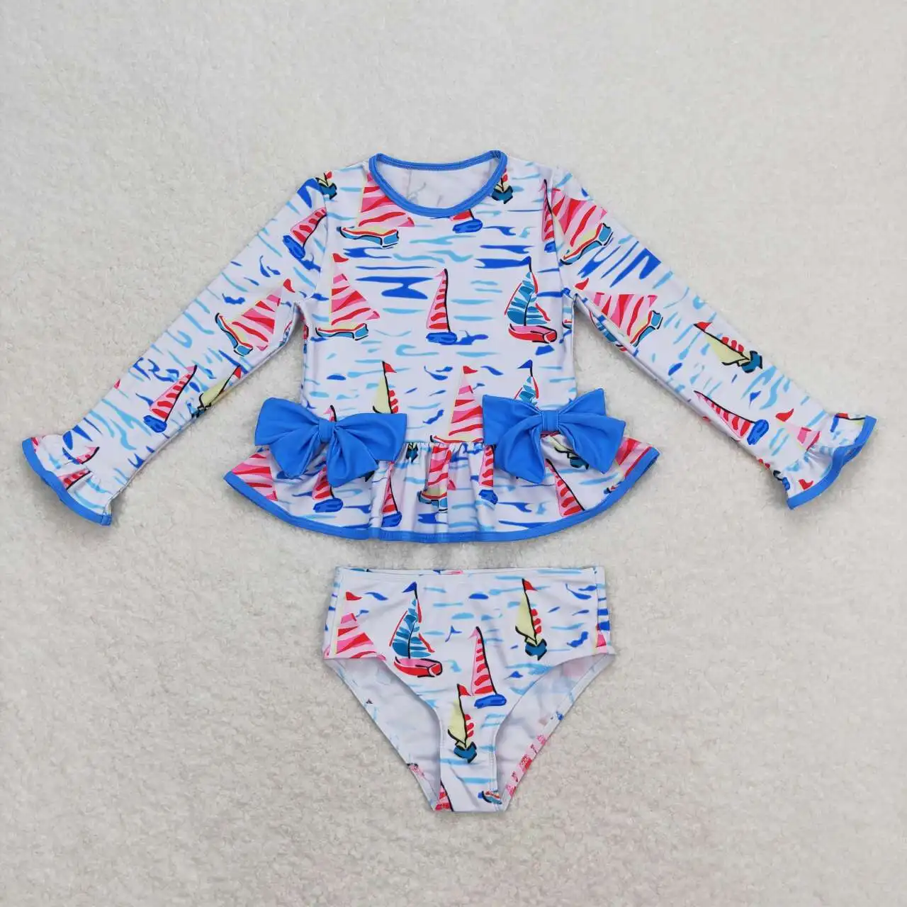 

wholesale hot sale swimming western boutique clothing for baby girls clothes Sailboat blue bow white long-sleeved swimsuits