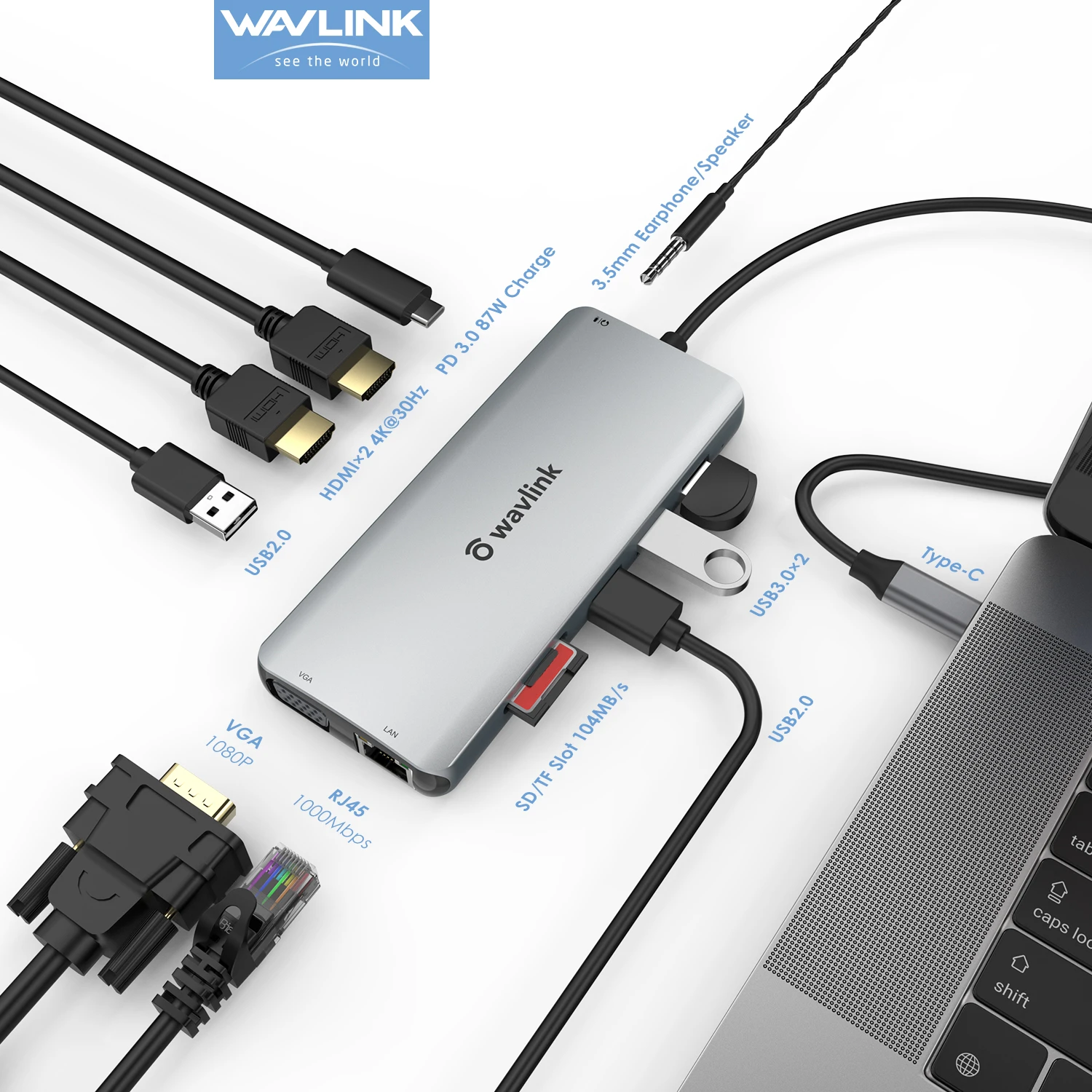 Wavlink Usb Hub Typec Docking Station Vga Rj45 Pd 3.0 Charging Hdmi