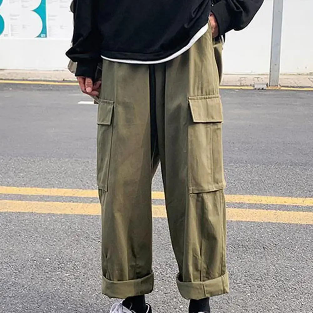 

Modern Men Cargo Pants with Pockets Korean Style Fashion Wide Leg Trousers Skin-friendly Breathable Cargo Pants for Home
