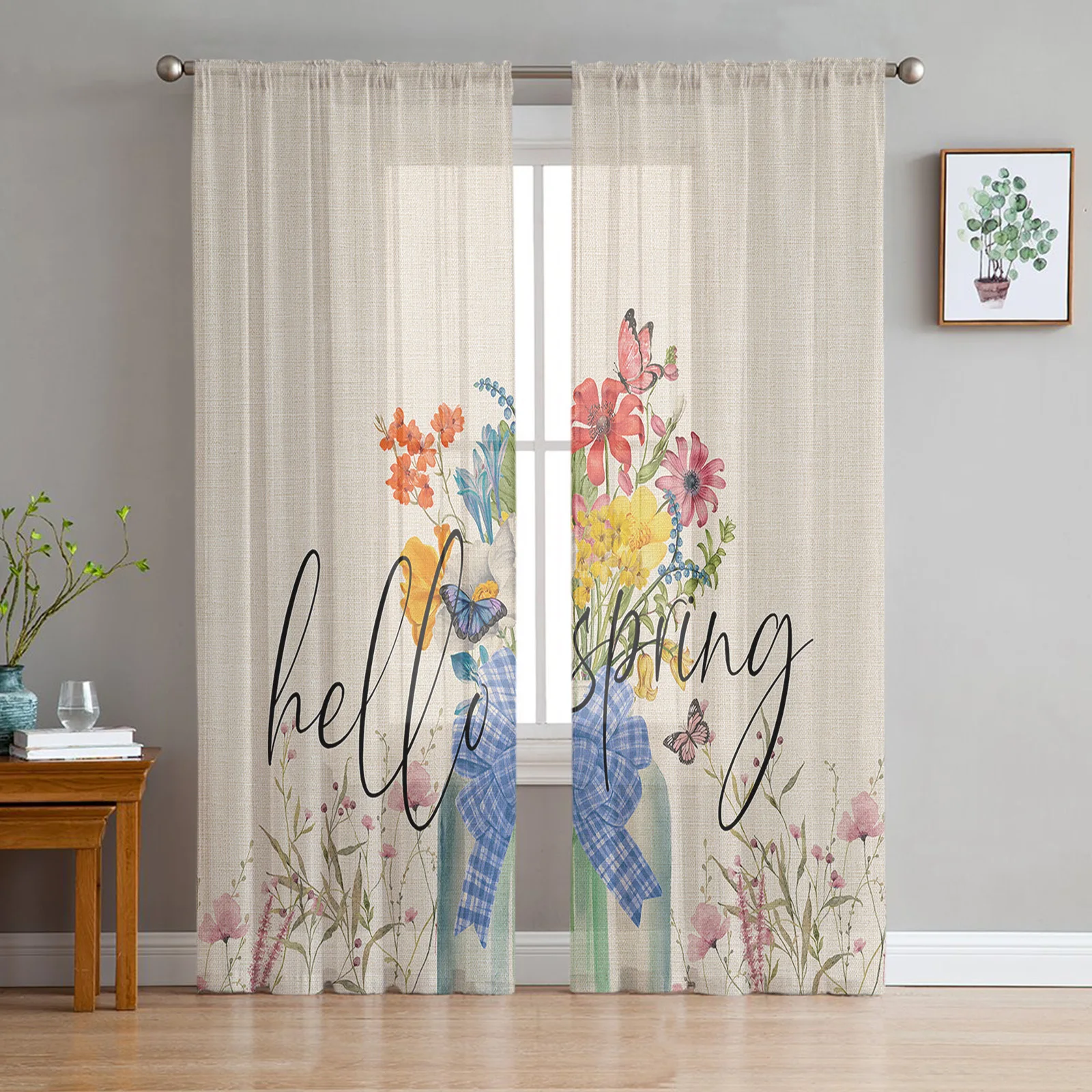

Flower Vase Butterfly Plant Sheer Curtains for Living Room Bedroom Kids Room Tulle Window Treatment Drapes