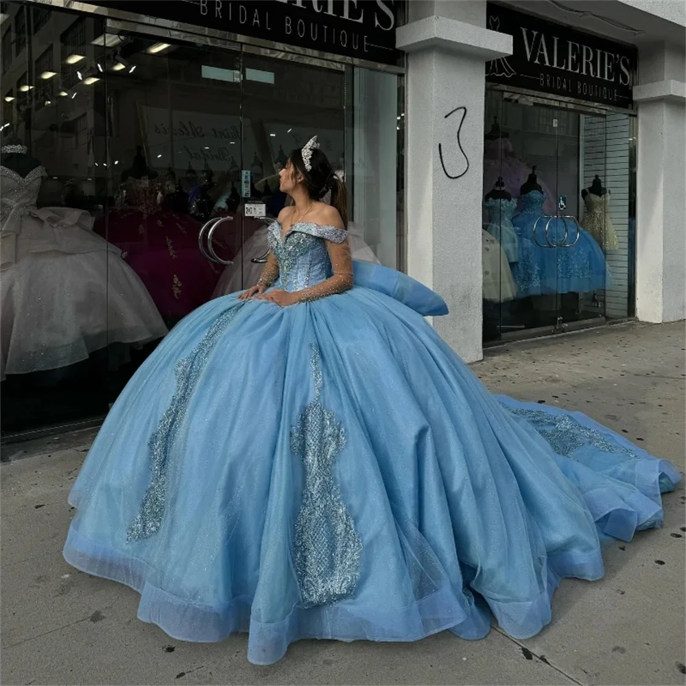 Gracioso vestido de baile brilhante fora do ombro, elegantes vestidos quinceanera sem mangas, aplique floral 3D, doce vestido 16, 2024