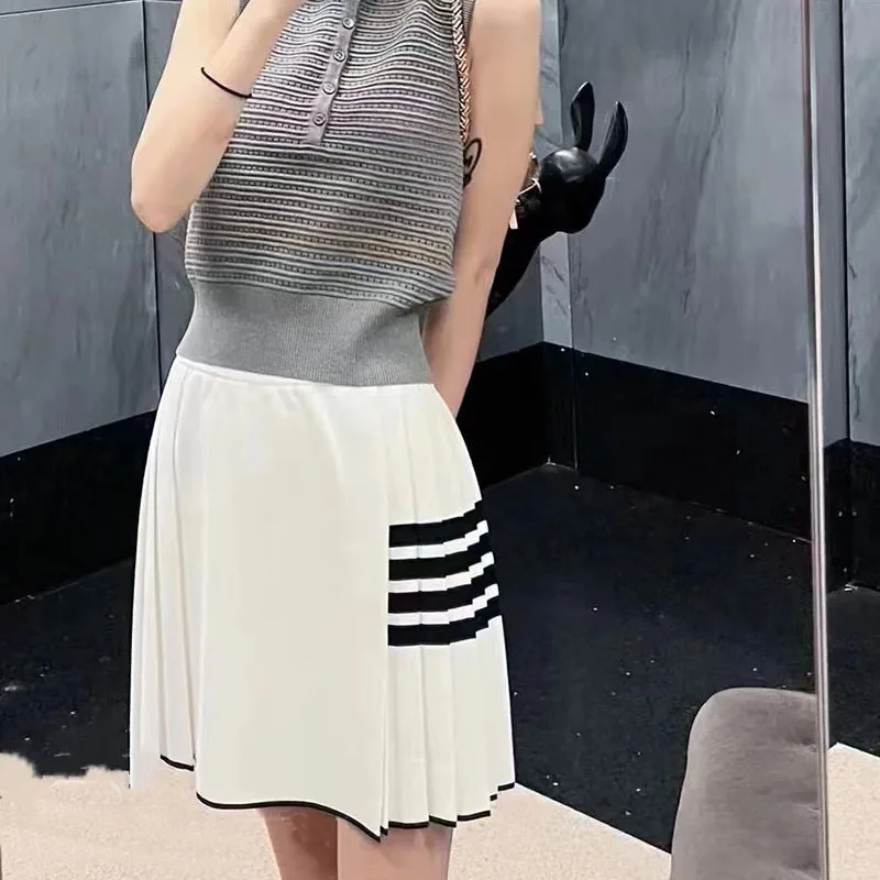 

TB BROWIN Women Skirt Ice Material Elastic Waist Striped Dress Party Wear Sexy Skirt Korean Design Summer Solid Striped Summer