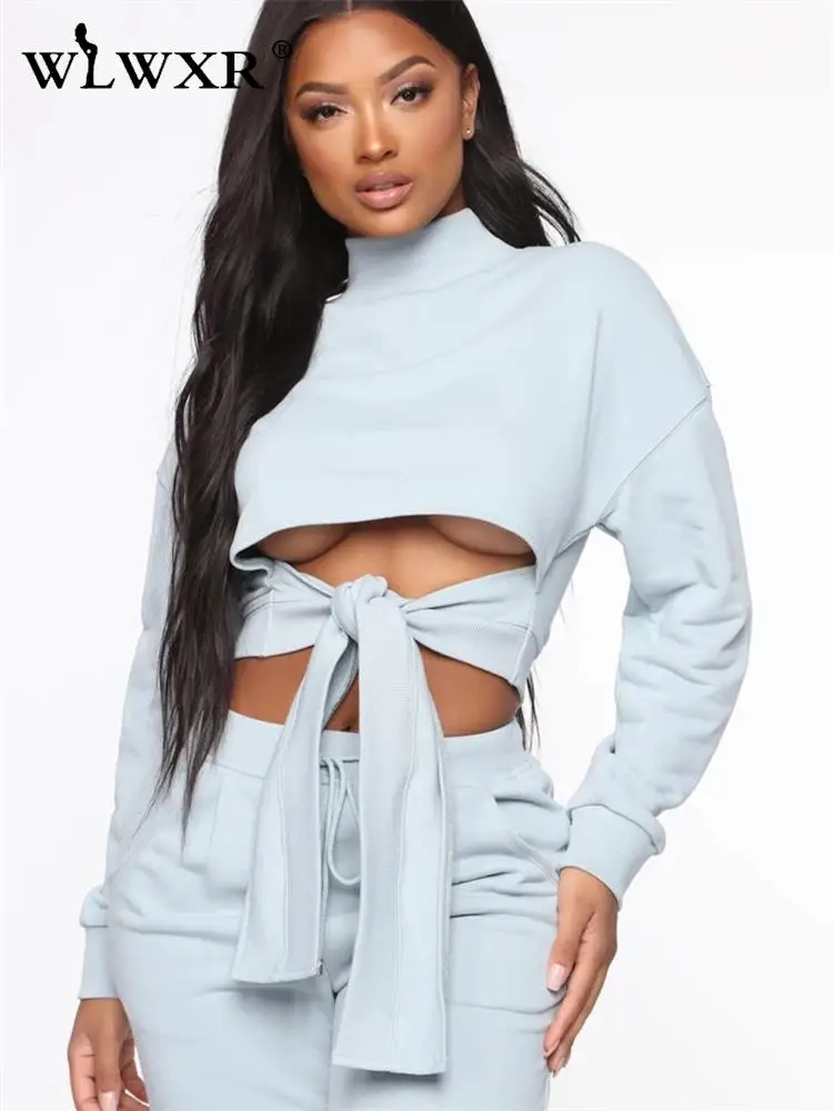 

WLWXR Fall Casual Black Two 2 Piece Sets Womens Outifits O Neck Long Sleeve Bandage Crop Top Baggy Pants Matching Sets Female