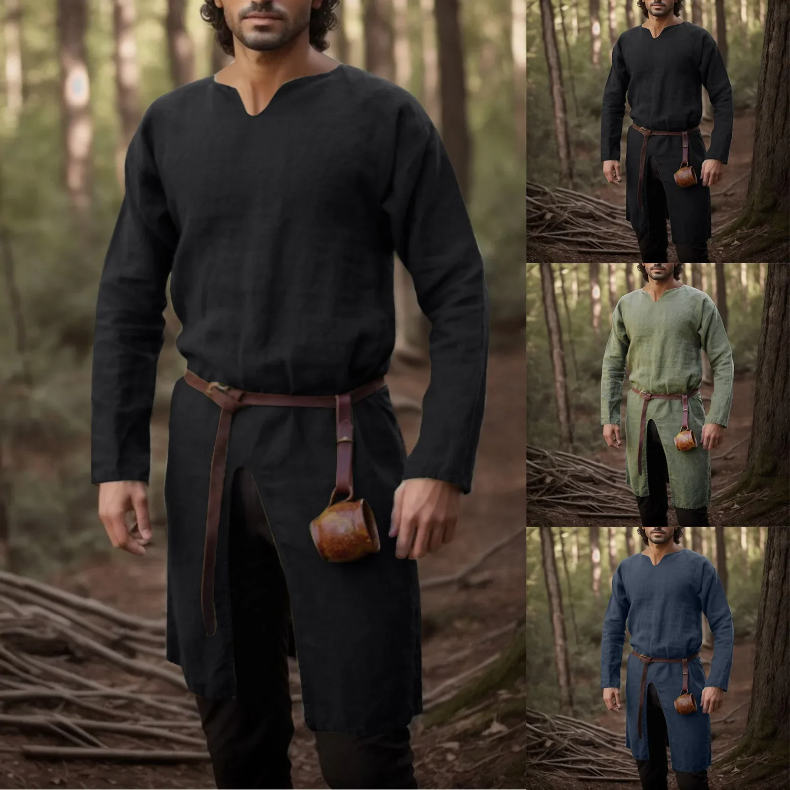 Medieval Renaissance Retro Cosplay Costumes Linen Shirt Tops Tunic Male Long Robes Dress Vintage Jackets Knight Vikings Pirate