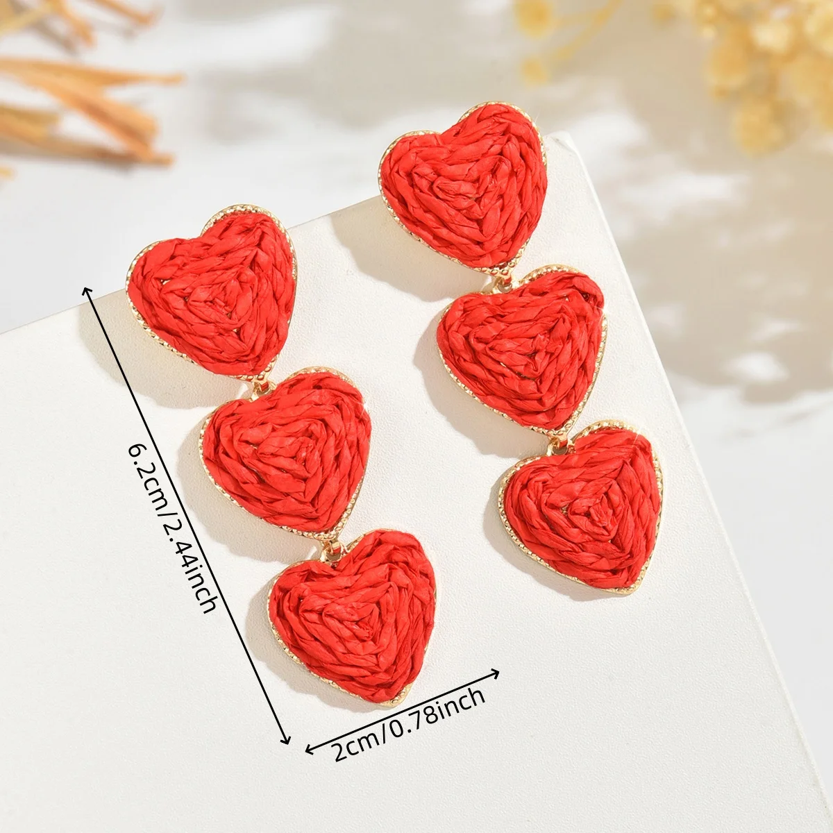 Bohemain Heart Raffia Drop Earrings for Women Girls Elegant Handmade Rattan Knit Earrings Summer Jewelry Valentine's Day Gift