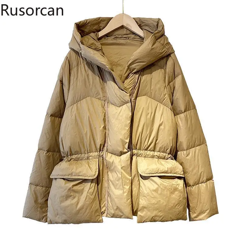 

Winter New 90 White Duck Down Warm Waist Slim Hooded Down Coat Women's Short Solid Large Pocket Fashion Versatile Coat Female
