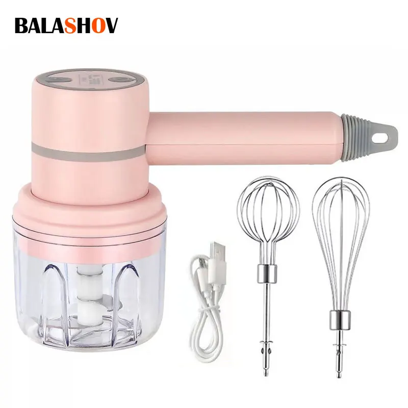 Garlic Chopper Food Mixer Handheld Blender USB 2 In 1 Wireless Electric Garlic Chopper Masher Whisk Egg Beater 3-Speed Control with 2 Mixing Rods Kitchen Handheld Frother