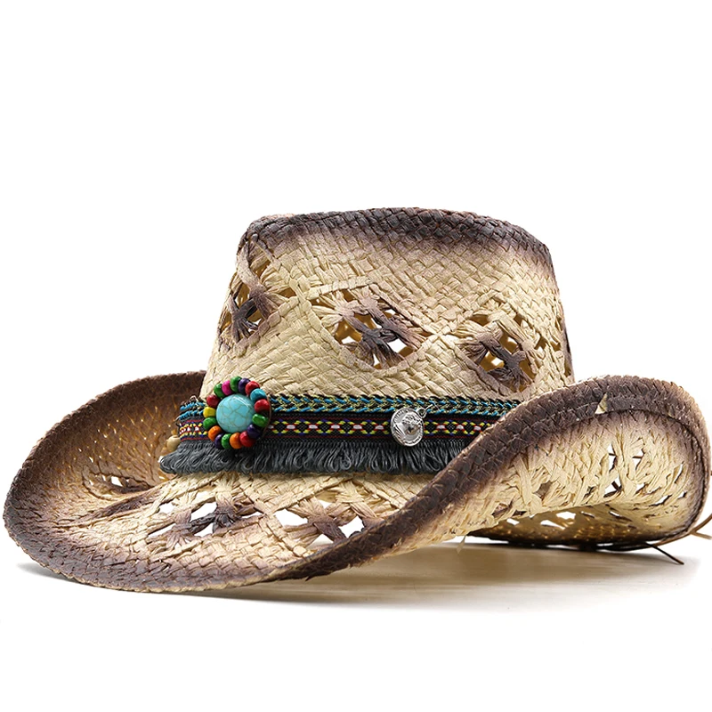 

New Summer khaki Paint Spraying Lafite Straw Cowboy Hats Summer Men Women Wide Brim Sun Protection Hat Panama Beach Cap Adult