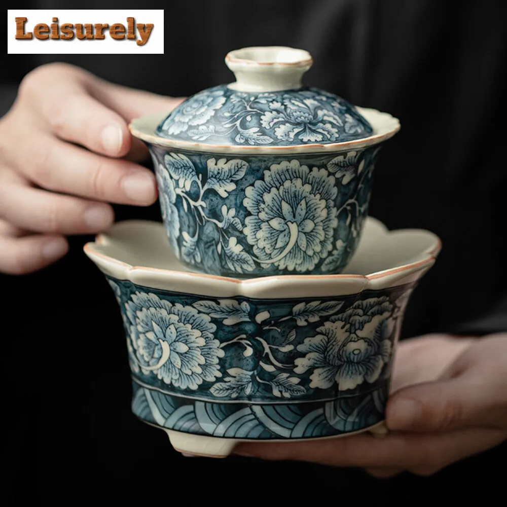 230ML Antique Ru Kiln Blooming Flowers Jianshui Elegant Tea Wash Bowl Writing-brush Washer Tea Residue Bucket Chaxi Decoration