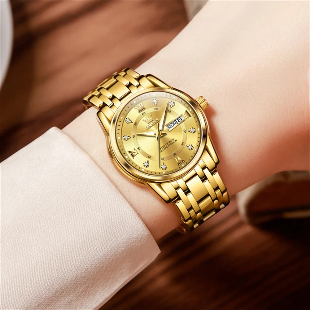 OLEVS Luxury Quartz Watch for Women Stainless Steel Waterproof Luminous Dual Calendar Dial Wristwatches Bracelet Gift Set Reloj