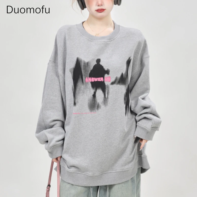 Duomofu Y2k Aesthetic Graphic Grey Sweatshirts Women Korean Style White Long Sleeve Pullover Harajuku Streetwear Oversize Tops