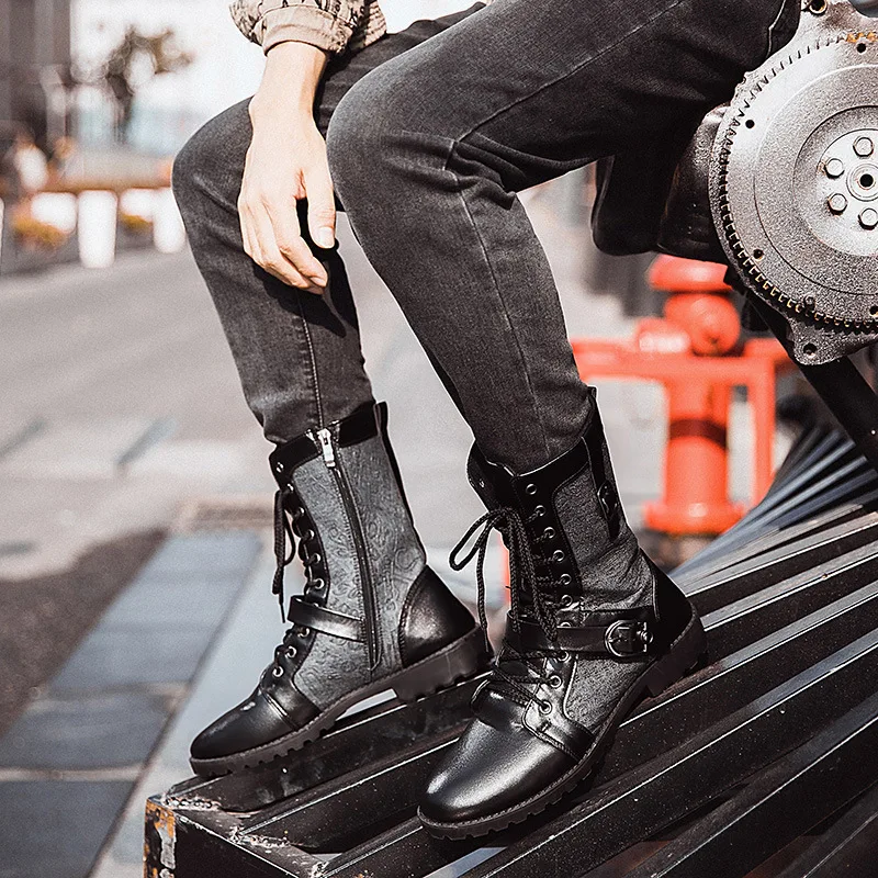 Mens Leather Boots Retro Mid-Carf Punk Boots 2025 Winter Men's Plus Velvet Motorcycle Boots All-match Tooling Shoes Denim Mid-high Army Men Motorcycle Leather Boots